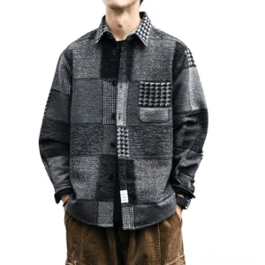 Men's gothic patchwork flannel shirt in grey multi-tone plaid, loose oversized fit with turn-down collar and button front