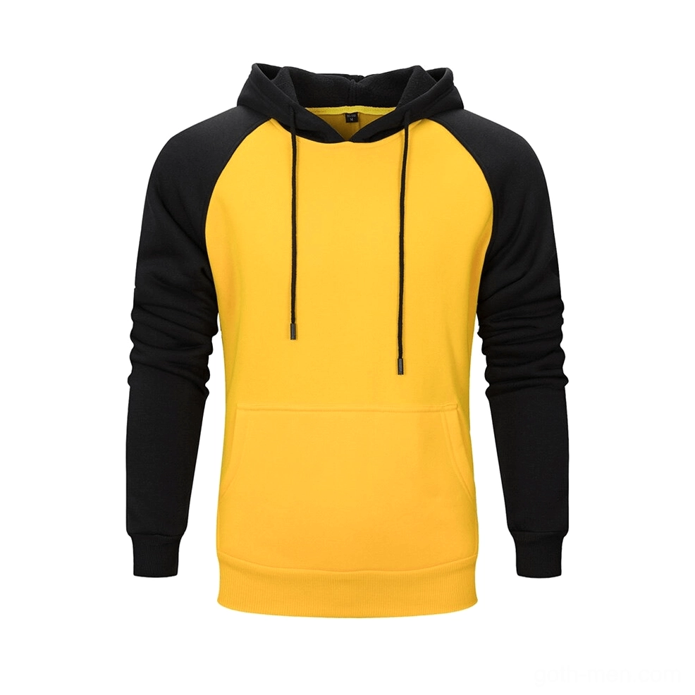 Yellow color patchwork fleece hoodie back view showing raglan seam construction