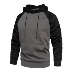 Black and dark gray patchwork fleece hoodie with raglan sleeves and kangaroo pocket, gothic alternative design