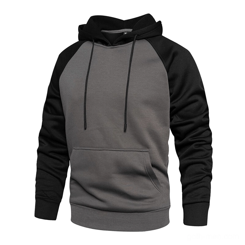 Black and dark gray patchwork fleece hoodie with raglan sleeves and kangaroo pocket, gothic alternative design
