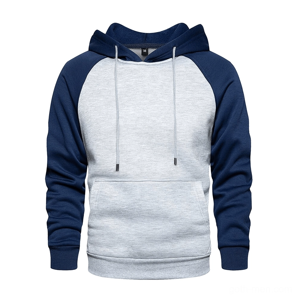 Patchwork fleece hoodie detail view showing raglan sleeve construction and pocket placement