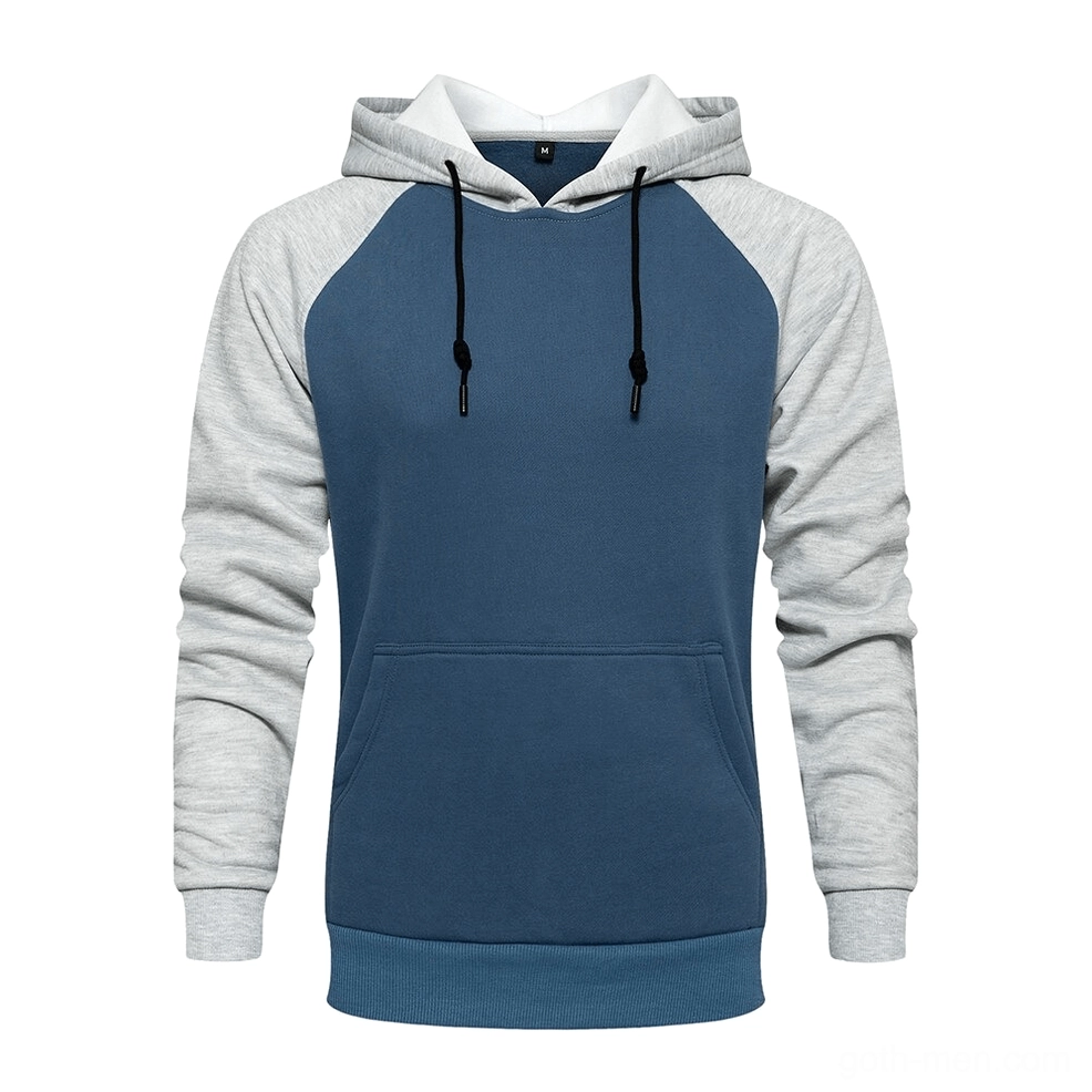 Light gray and navy blue color-block hoodie with fleece texture and adjustable drawstring