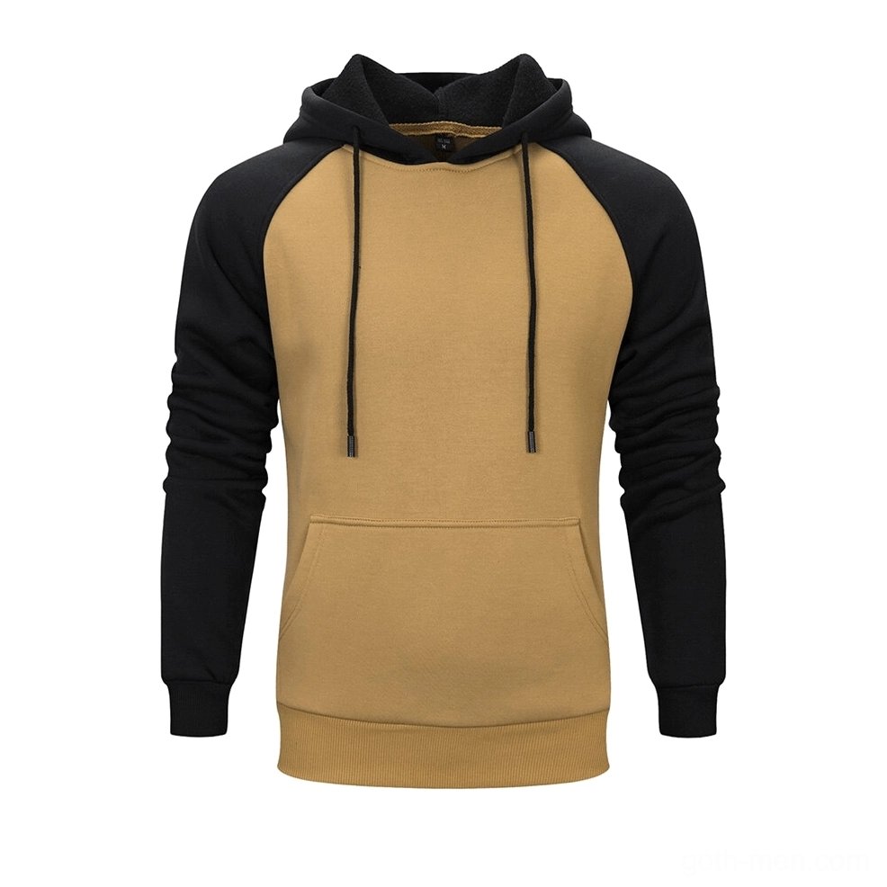 Khaki and black patchwork raglan hoodie with full fleece lining and functional kangaroo pocket