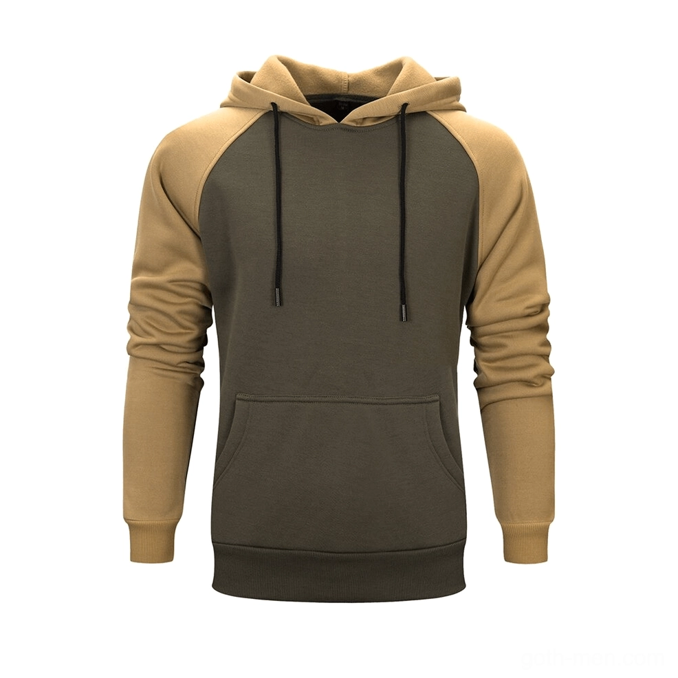 Khaki and olive green patchwork fleece hoodie with raglan construction and front pocket detail