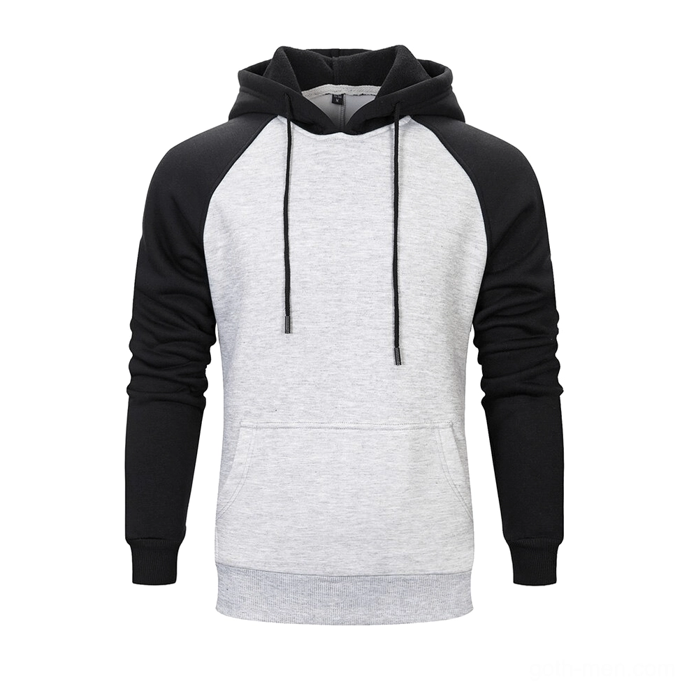 Light gray body with black sleeves color-block fleece hoodie, deconstructed gothic design