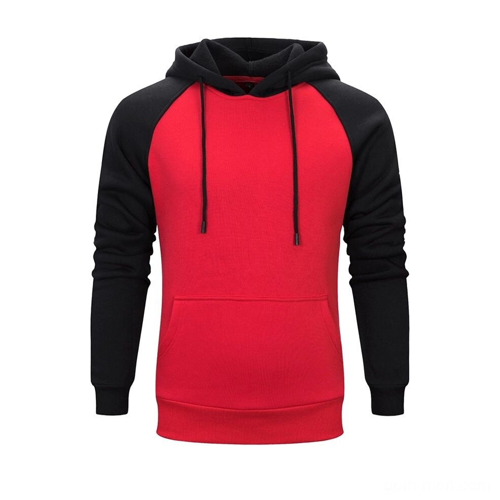 Red and black color-block patchwork hoodie with gothic aesthetic and fleece warmth