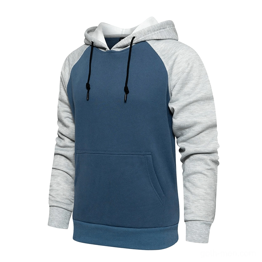 Patchwork fleece hoodie side profile showing raglan sleeve silhouette and body length