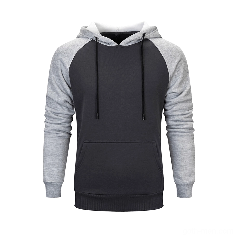 Dark gray body with light gray sleeves patchwork fleece hoodie, modern gothic alternative style