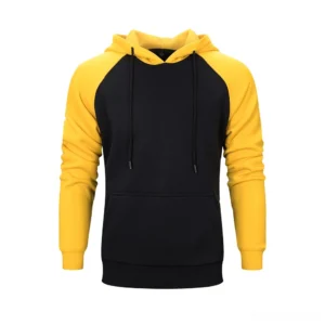 Yellow and black color-block raglan hoodie with fleece lining and drawstring hood, alternative streetwear