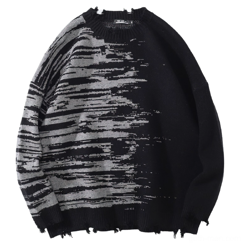 Flat lay front view of oversized gothic knit sweater showing full abstract black-gray print and distressed edges