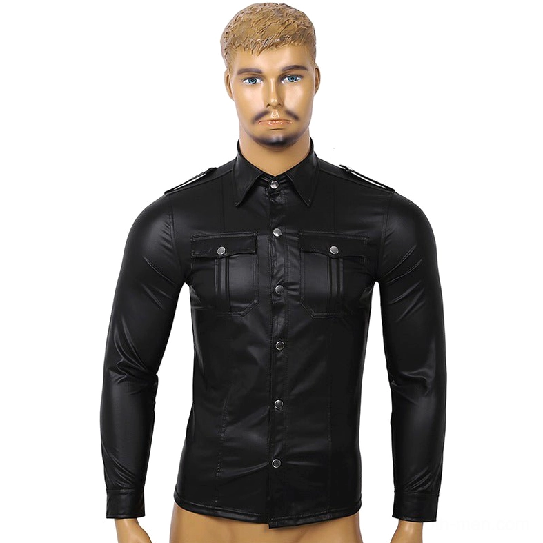 Black patent leather gothic biker shirt front view on male mannequin - slim fit long sleeve button-down shirt with wet look finish