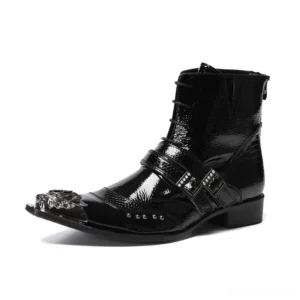 Men's black patent leather gothic ankle boots side profile showcasing metal pointed toe cap and block heel