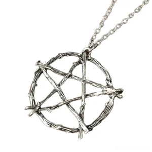 Side angle view of occult branch pentagram necklace with thin cable chain, highlighting hollow pentagram ring design and vintage metal finish