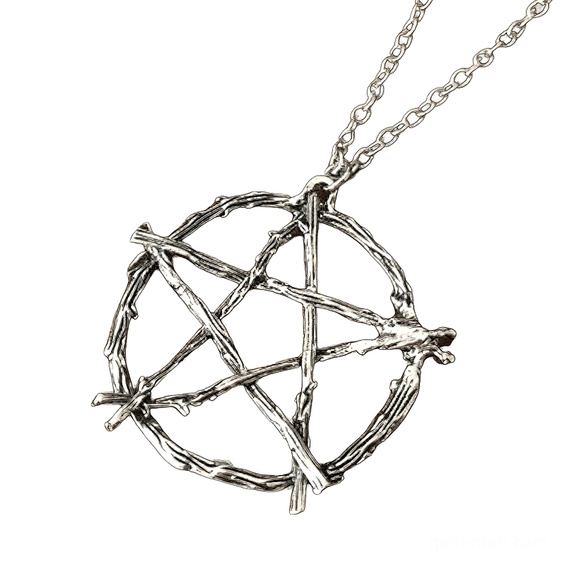 Side angle view of occult branch pentagram necklace with thin cable chain, highlighting hollow pentagram ring design and vintage metal finish