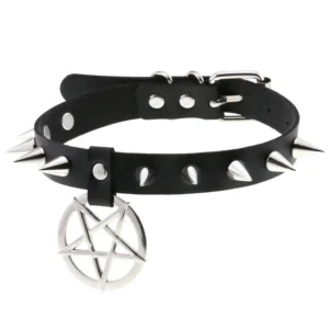 Gothic spiked leather choker with pentagram pendant and silver spike details, flat front view