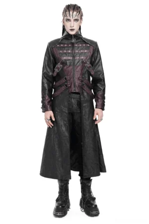 Gothic pentagram buckled long coat front view on male model with braids, black and wine red faux leather with metal accents