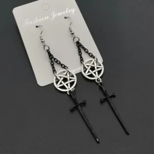 All-black stainless steel pentagram sword earrings with twisted chain - flat lay studio shot