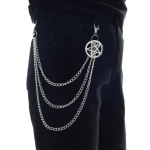 Gothic pentagram pants chain worn on male model in black jeans, side rear view showing triple-layer silver chain with pentagram pendant