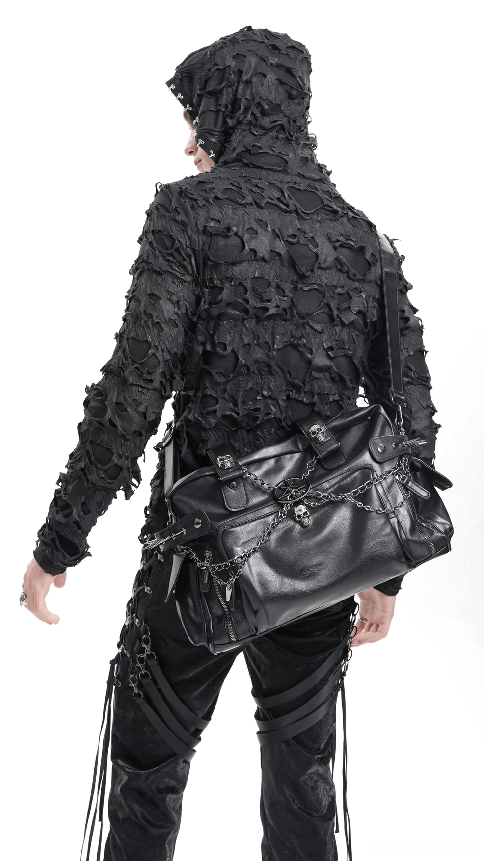Black gothic tote bag showing dimensions scale with pentagram chain embellishment and spike stud placement
