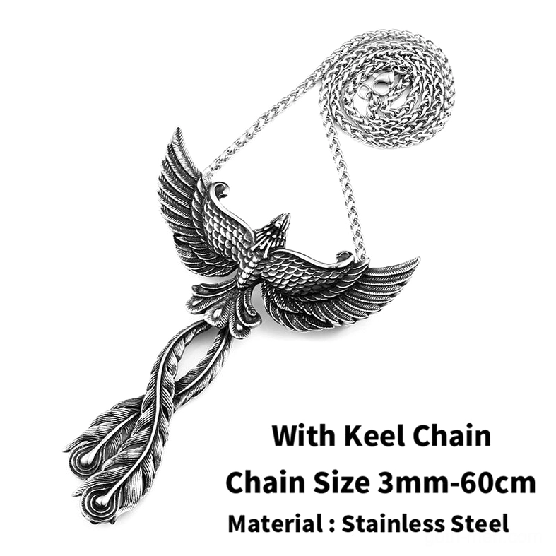 Phoenix pendant with keel chain attached, winged design stainless steel, gothic necklace studio shot