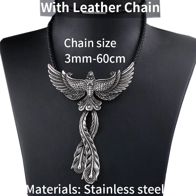 Gothic phoenix pendant necklace with black leather chain, displayed on jewelry mannequin neck