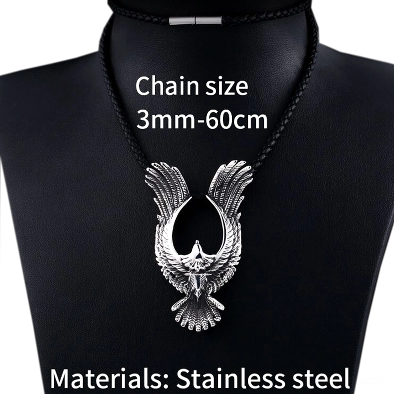 Gothic phoenix pendant on black leather cord displayed on jewelry mannequin stand