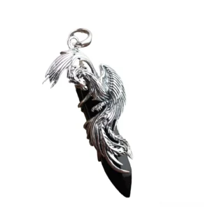 Black obsidian phoenix sterling silver gothic pendant with intricate silver feather detailing, side profile view on white background