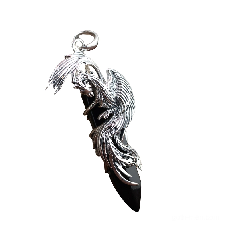 Black obsidian phoenix sterling silver gothic pendant with intricate silver feather detailing, side profile view on white background