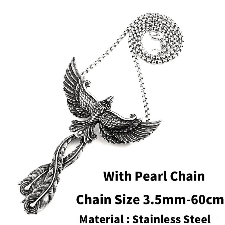 Phoenix pendant with pearl chain, delicate 3.5mm links, antiqued silver stainless steel gothic necklace