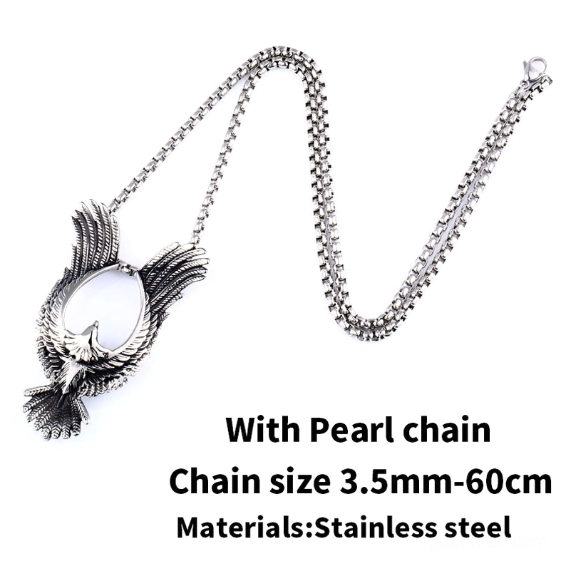 Stainless steel gothic phoenix pendant with pearl chain refined metallic finish