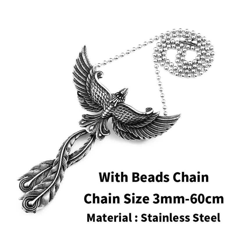 Phoenix pendant necklace with beads chain, 60cm length stainless steel, gothic dark metal jewelry