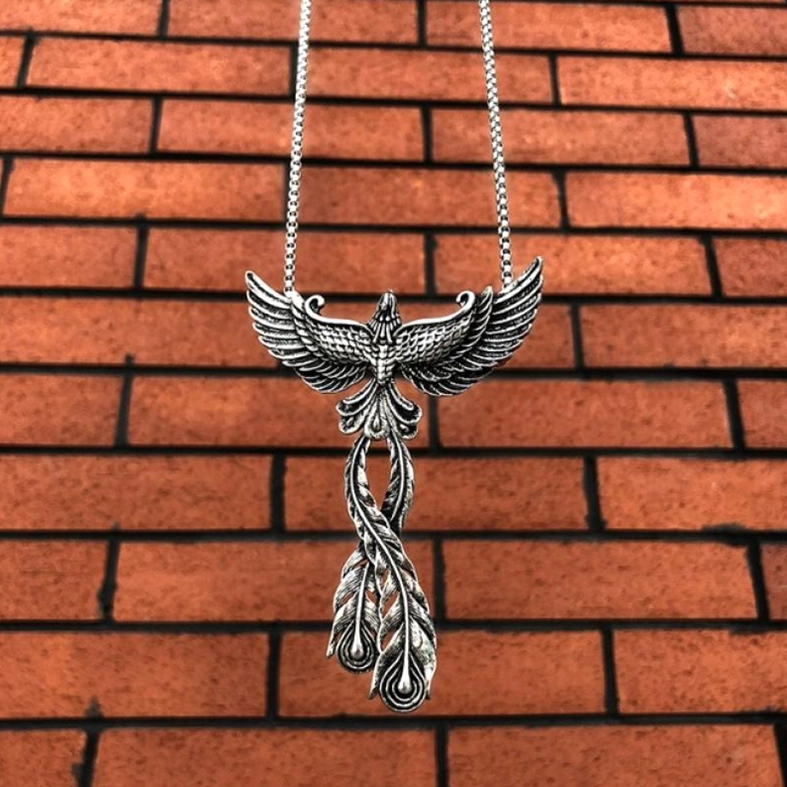 Phoenix winged pendant with chain variant, antiqued silver finish 316L stainless steel gothic jewelry