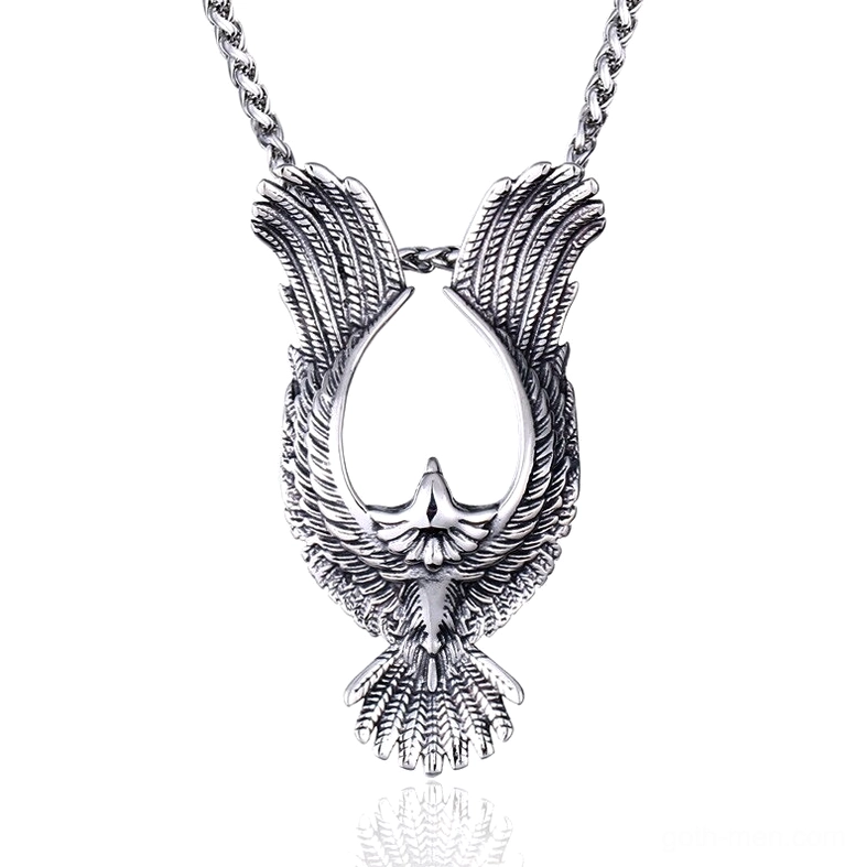 Gothic phoenix stainless steel pendant flat lay with intricate feather carving details on white background