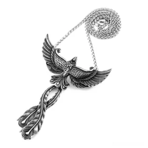 Gothic phoenix winged pendant necklace with engraved feather details, stainless steel antiqued silver finish, flat lay product shot