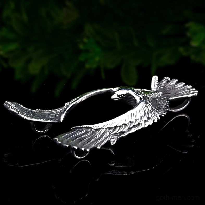 Gothic phoenix pendant side profile showing intricate bird silhouette and stainless steel craftsmanship
