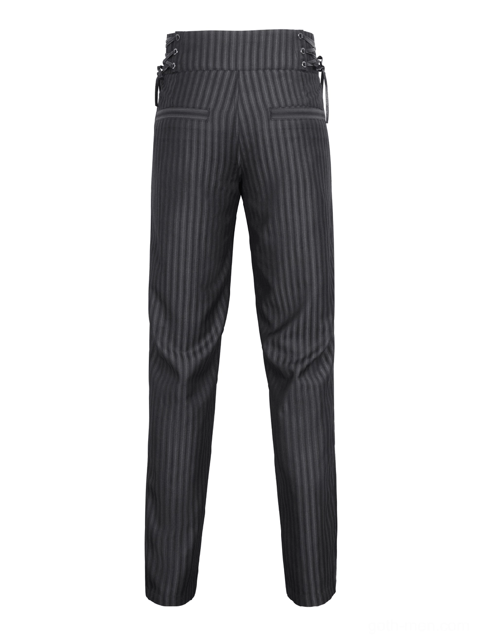 Back flat lay view of black pinstriped high-waisted gothic trousers showing back pockets and fabric texture