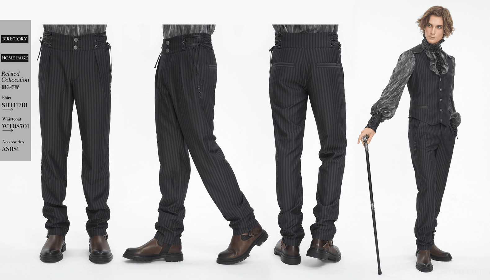 Complete product presentation of black pinstriped high-waisted gothic trousers highlighting all key design features
