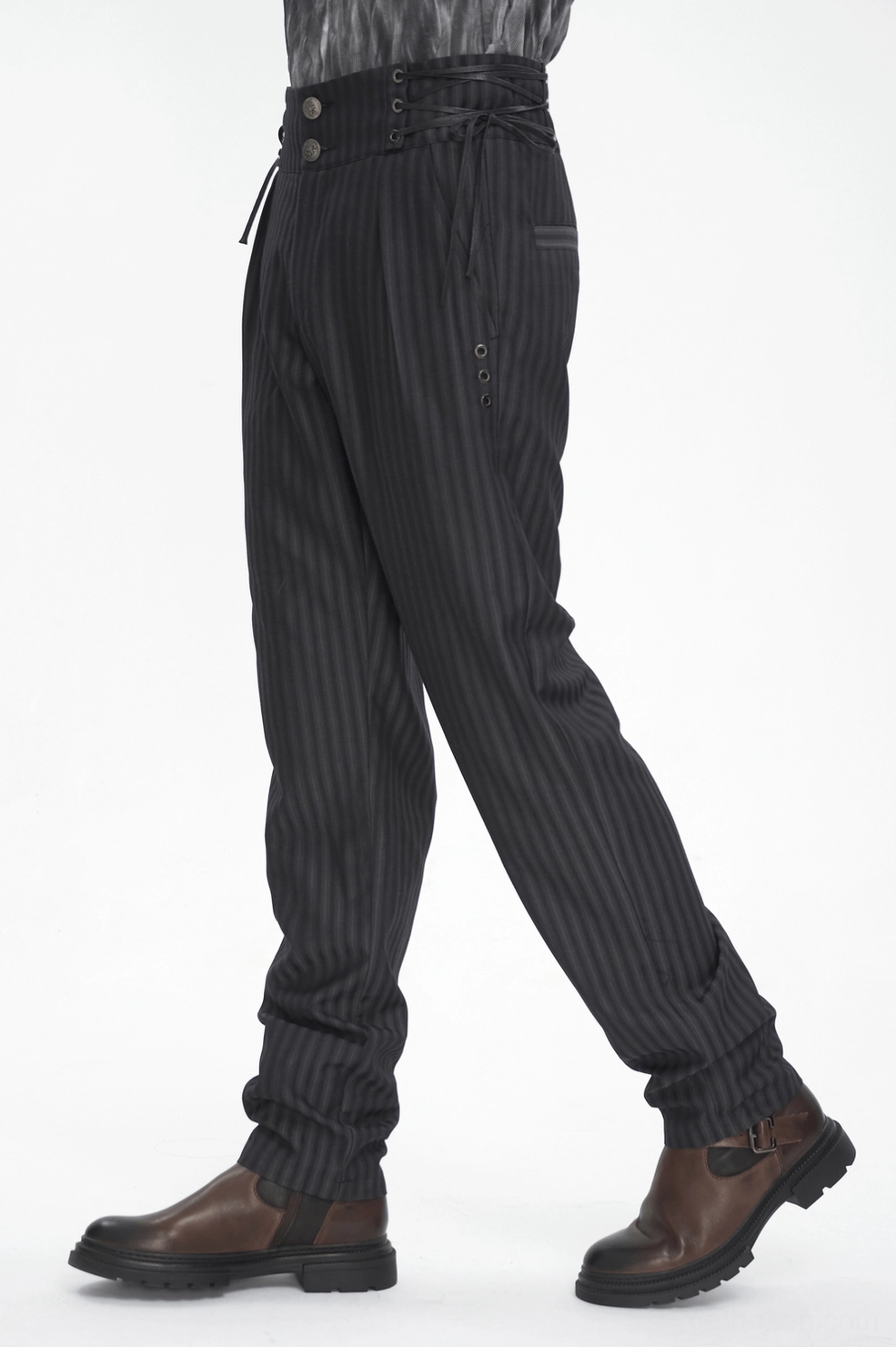 Alternative angle of black pinstriped high-waisted gothic trousers with fitted silhouette and edge details