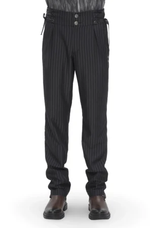 Black pinstripe high-waisted gothic trousers front view with lace-up side details and double-button waistband
