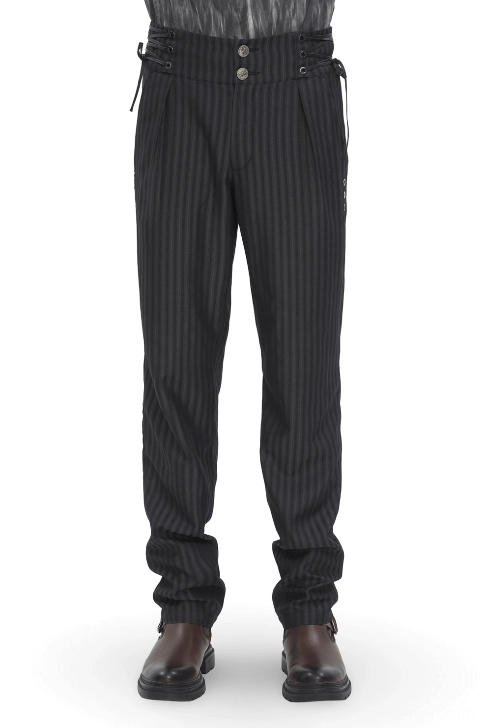 Black pinstripe high-waisted gothic trousers front view with lace-up side details and double-button waistband