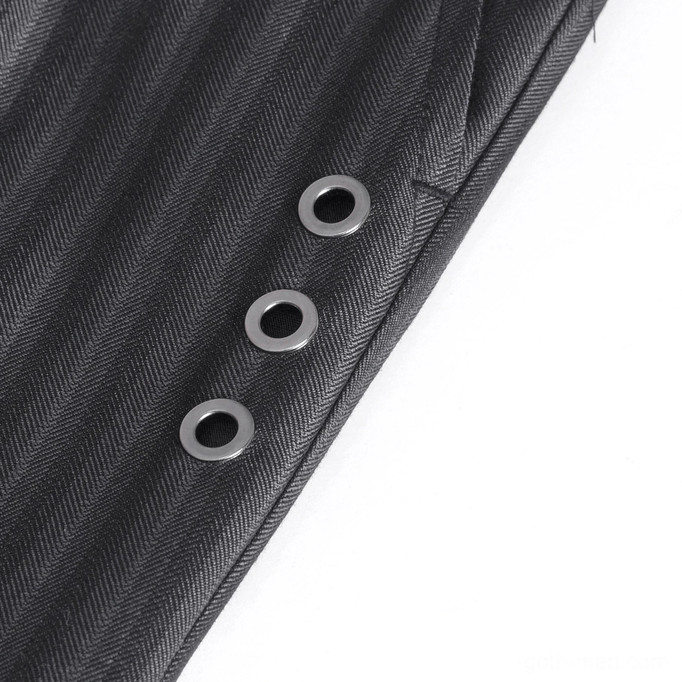 Side seam detail showing metal buttons on black pinstriped gothic alternative trousers