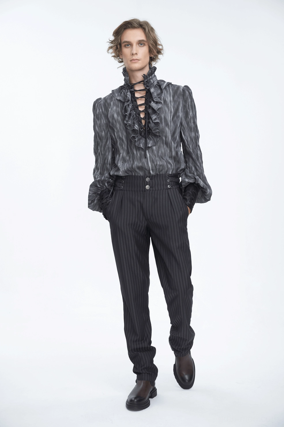 Three-dimensional construction detail showing side panels and tailoring of black pinstriped gothic trousers