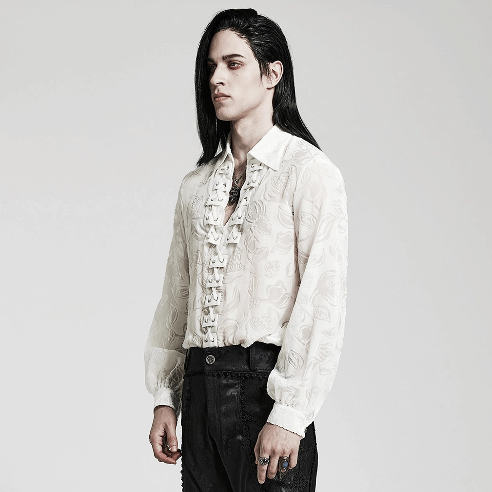 White flocked velvet piranha motif gothic shirt showing Renaissance-inspired design details