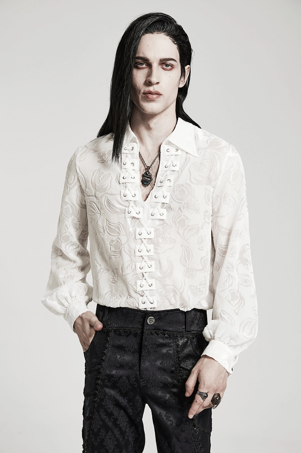 Victorian gothic white velvet shirt full length showing theatrical silhouette and oversized proportions