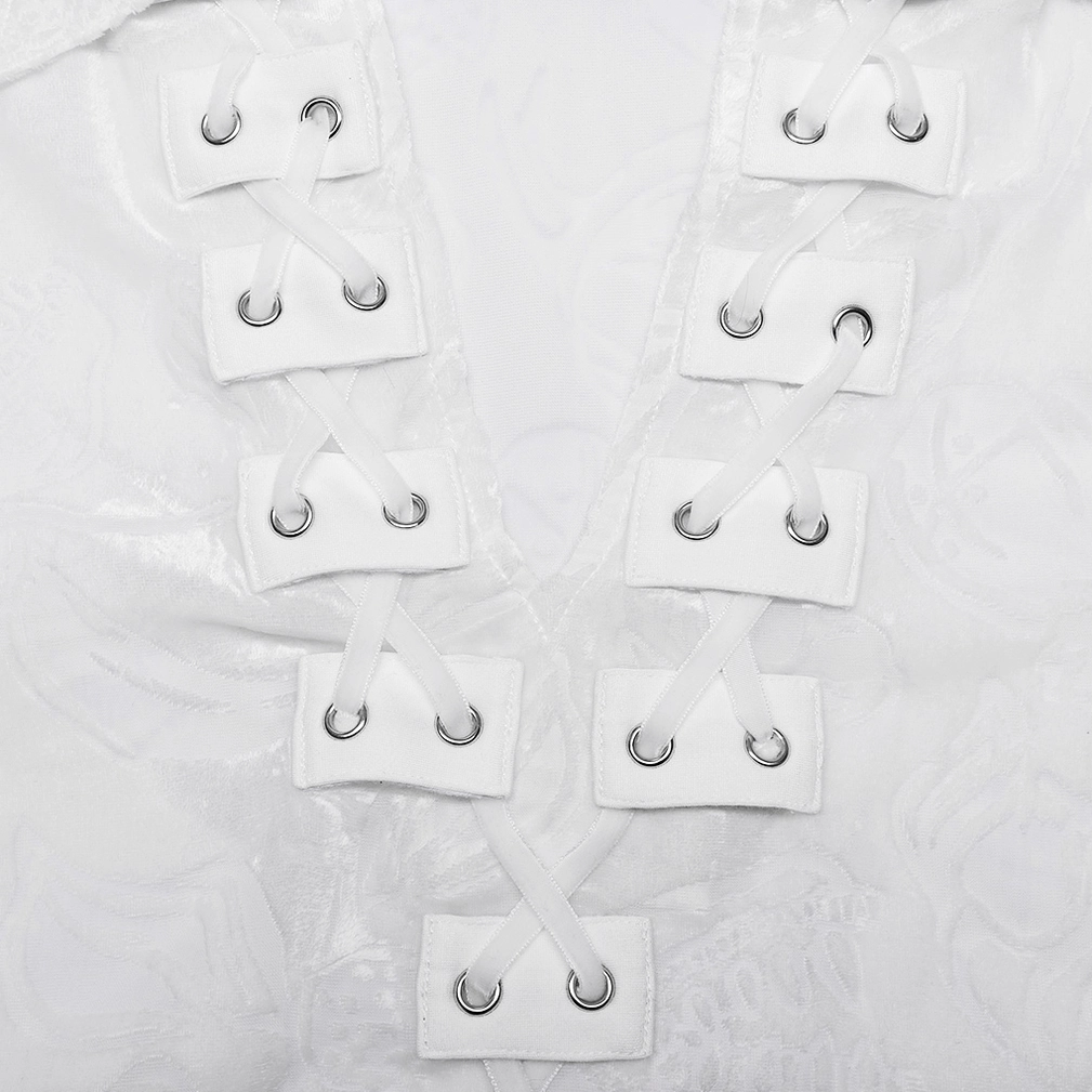 Close-up of white gothic shirt neckline featuring lace-up straps with metal eyelets and leather tabs