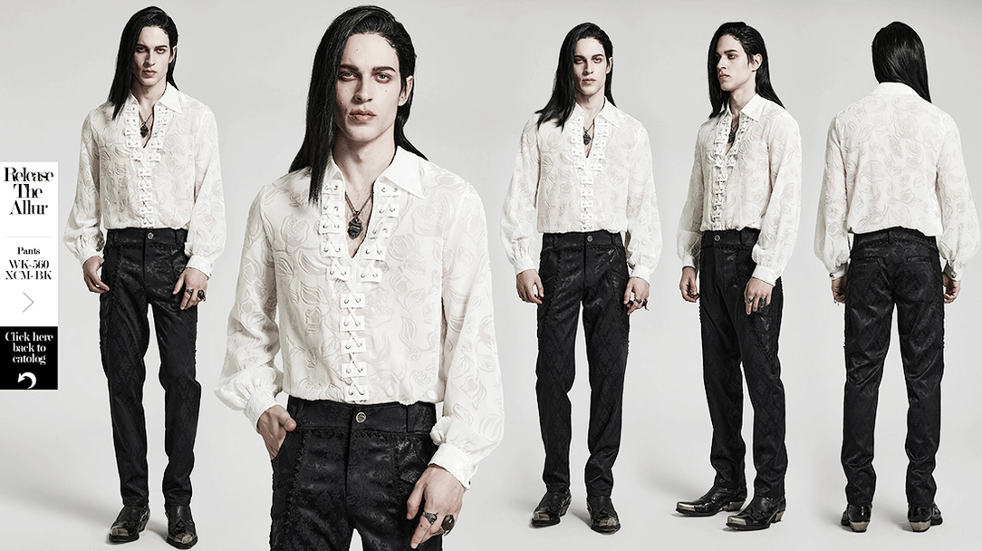 White gothic velvet piranha shirt showing sheer mesh base and three-dimensional flocked texture