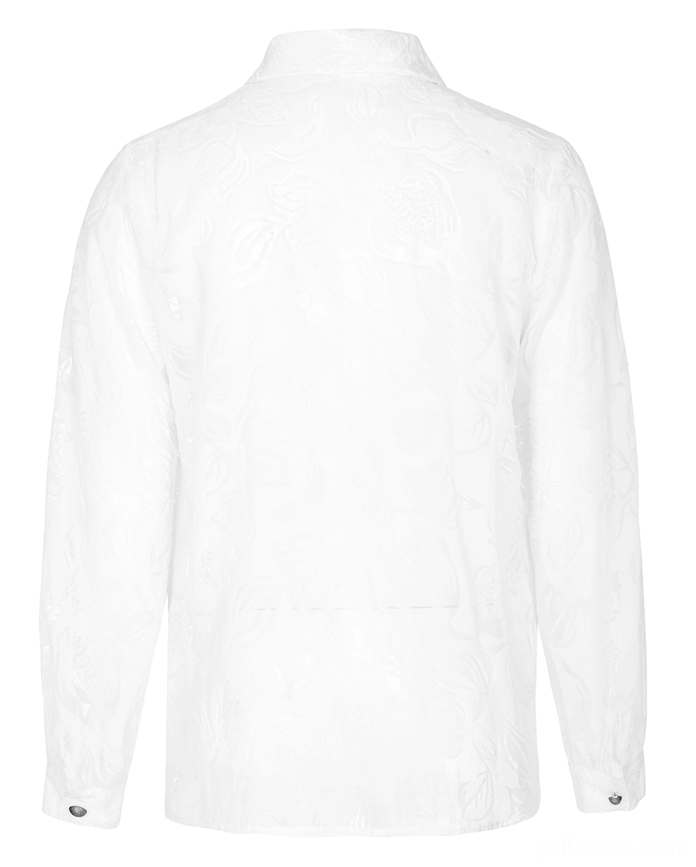Back flat lay of gothic white velvet shirt showing subtle floral texture tailored hem and metal buttons