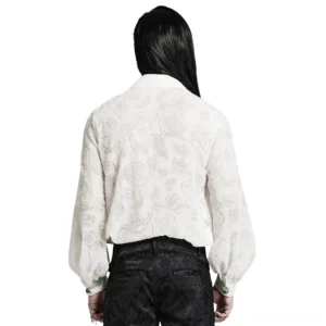 Victorian gothic white velvet piranha shirt back view showing sheer floral pattern and buttoned cuffs