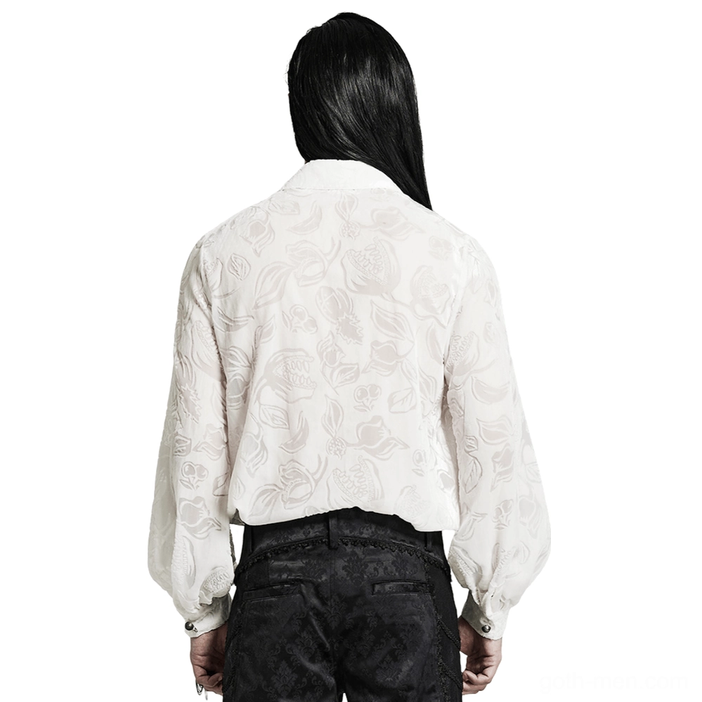 Victorian gothic white velvet piranha shirt back view showing sheer floral pattern and buttoned cuffs