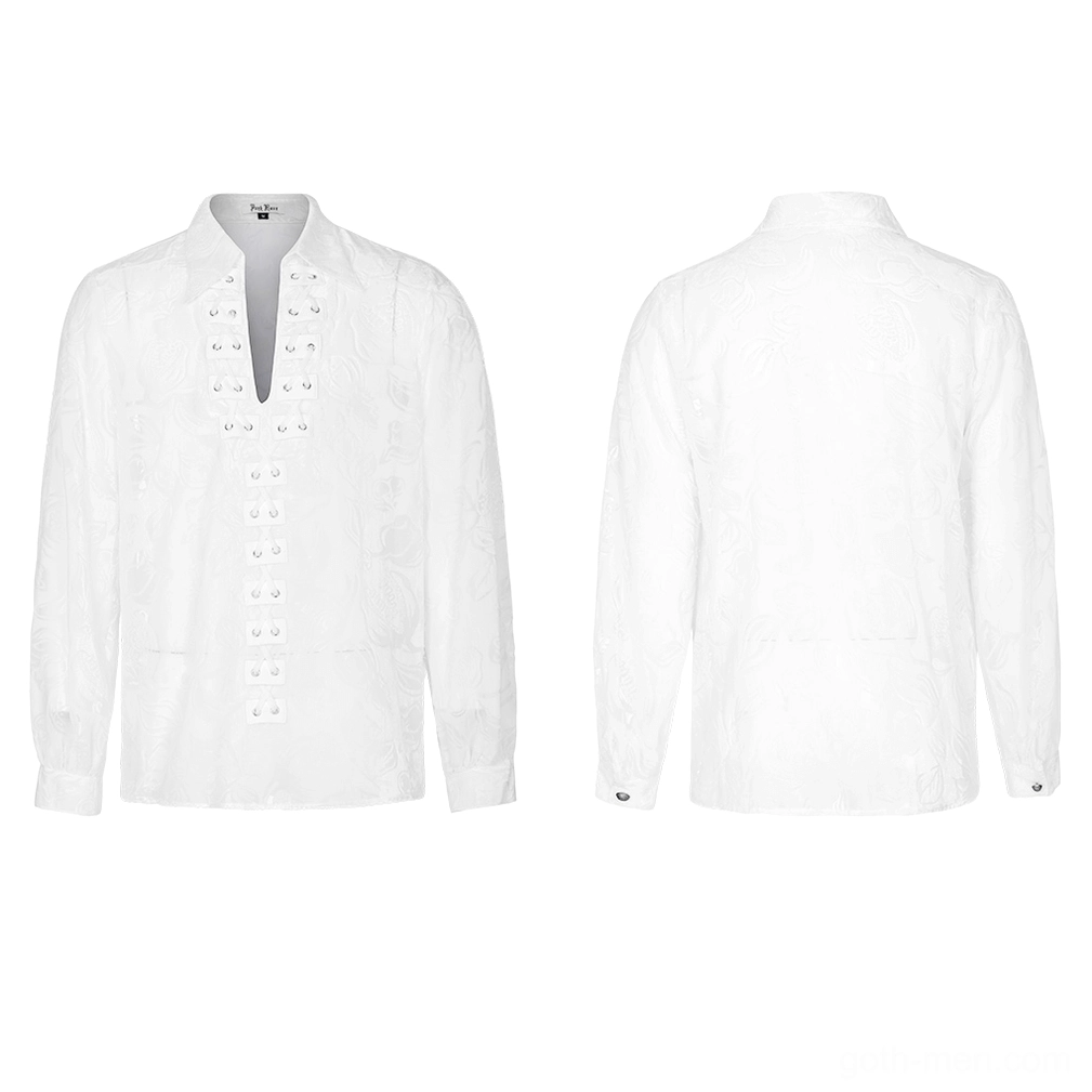 Flat lay front and back display of white gothic lace-up velvet piranha shirt with mushroom buttons